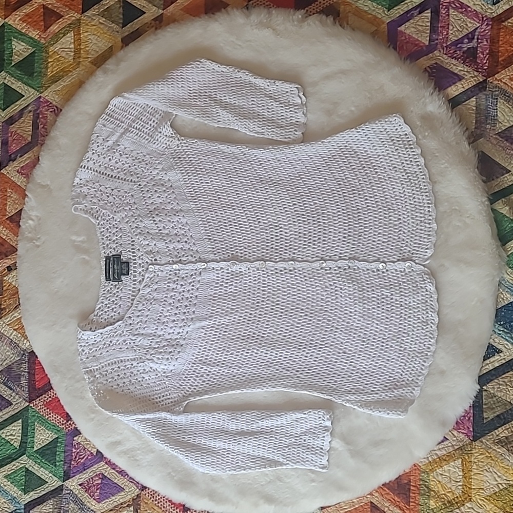 Eddie Bauer White Delicate Hand Knit Linen & Cotton Pearl Button Cardigan